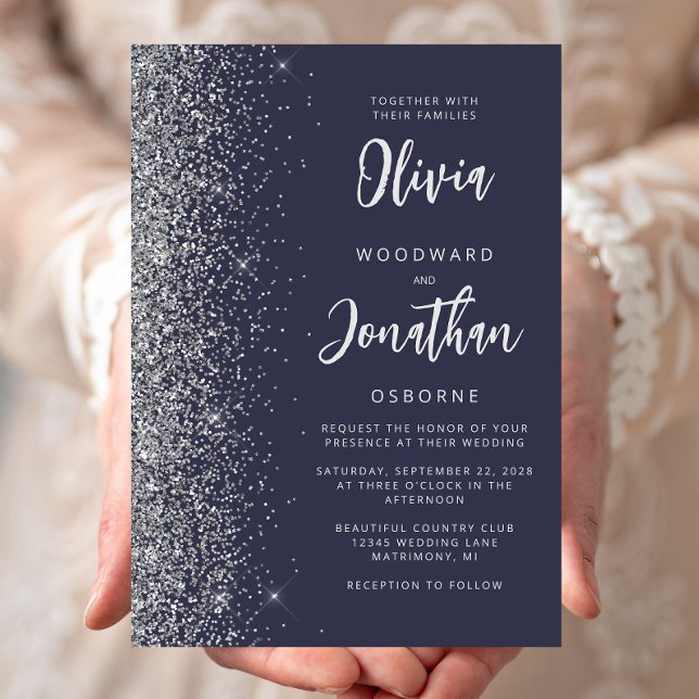 Dark Blue Silver Glitter Calligraphy Wedding Invitation (Creator Uploaded)