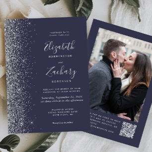 Dark Blue Silver Glitter Photo QR Code Wedding Invitation