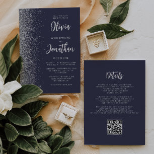 Dark Blue Silver Glitter QR Code Wedding Invitation
