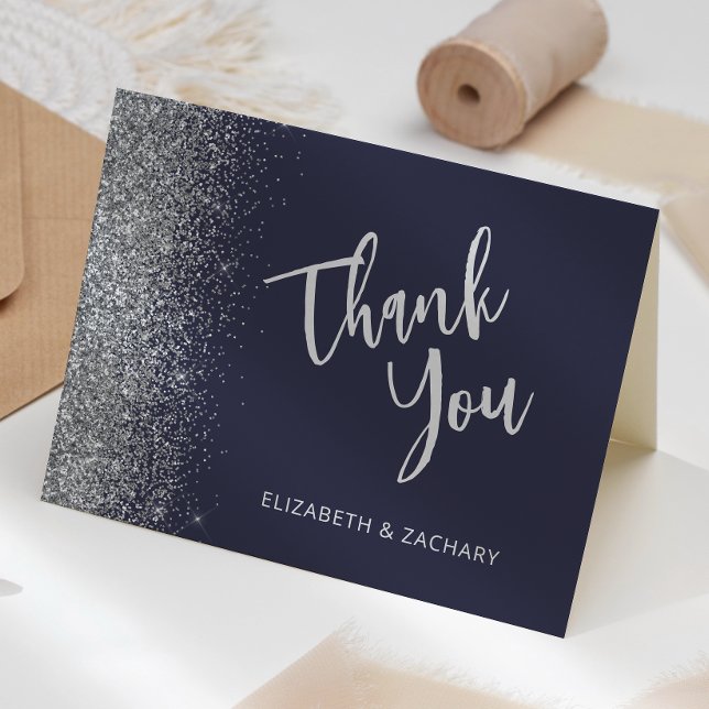 Dark Blue Silver Glitter Wedding Thank You Card (Creator Uploaded)