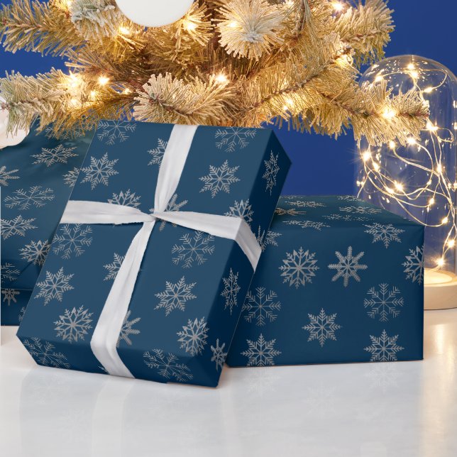 Dark Blue Silver Snowflakes Wrapping Paper (Holidays)
