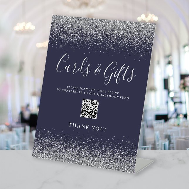 Dark Blue Silver Wedding Cards Gifts QR Code Pedestal Sign (Creator Uploaded)