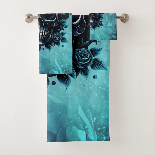 Dark blue skull with roses. bath towel set (Insitu)