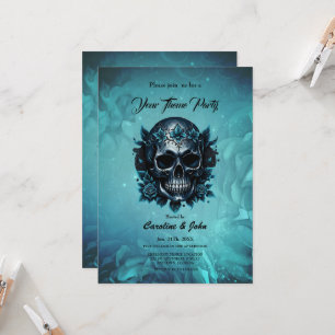 Dark blue skull with roses invitation