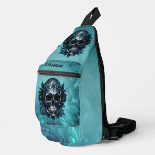 Dark blue skull with roses. sling bag