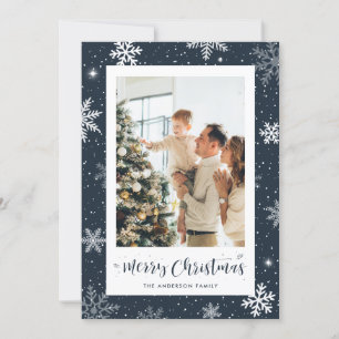 Dark Blue Snowflake Photo Christmas Card