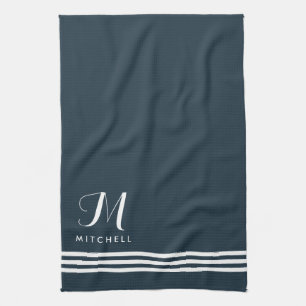 Dark Blue Sophisticated Stripes and Monogram Tea Towel