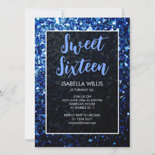 Dark blue sparkles Sweet 16 elegant script Invitation
