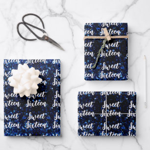 Dark blue sparkles Sweet 16 elegant script pattern Wrapping Paper Sheet