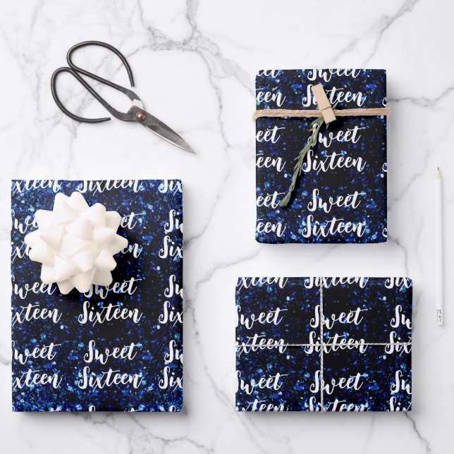 Dark blue sparkles Sweet 16 elegant script pattern Wrapping Paper Sheet (Front)