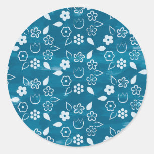 Dark Blue Spring and Summer Flower Pattern Classic Round Sticker