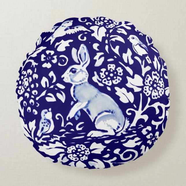 Dark Blue Standing Rabbit Bird Forest Dedham Delft Round Cushion (Front)