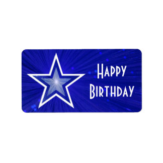 Dark Blue Star Happy Birthday medium white text Label