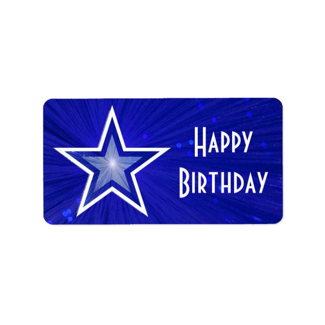 Dark Blue Star Happy Birthday medium white text Label (Front)