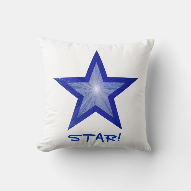 Dark Blue Star 'STAR!' throw pillow square white (Front)