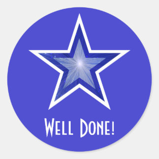 Dark Blue Star 'Well Done!' round sticker blue