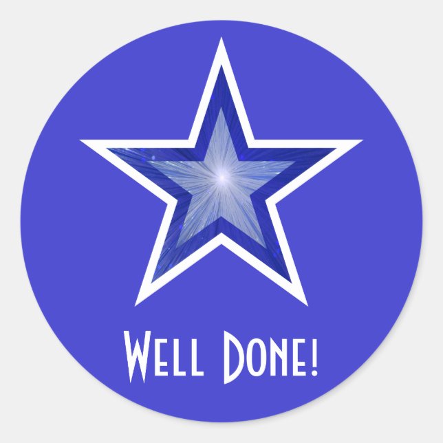 Dark Blue Star 'Well Done!' round sticker blue (Front)