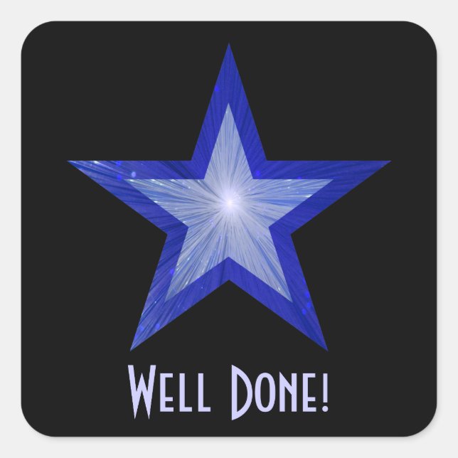 Dark Blue Star 'Well Done!' square sticker black (Front)