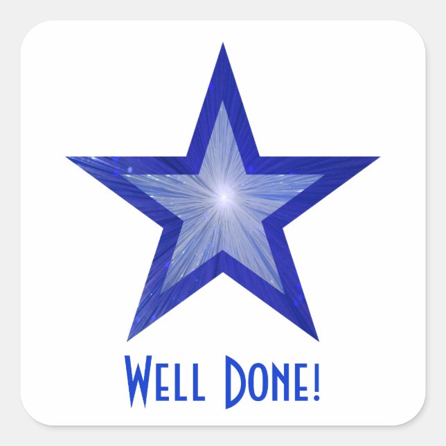 Dark Blue Star 'Well Done!' square white Sticker (Front)
