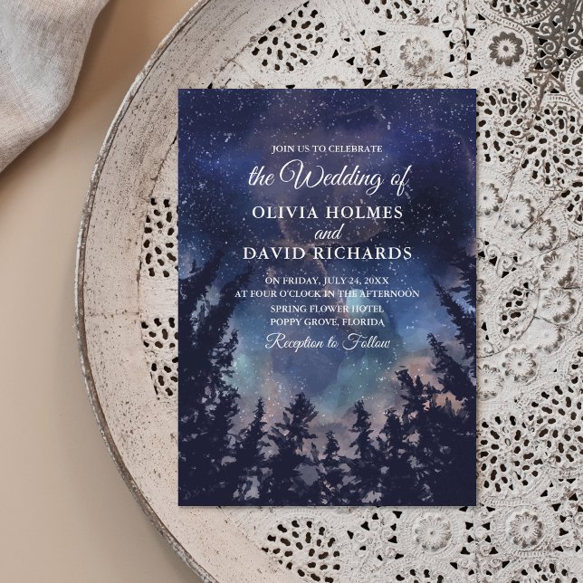 Dark Blue Starry Night Forest Wedding Invitation (Starry Night Forest Wedding Invitation on a neutral boho plate.
)