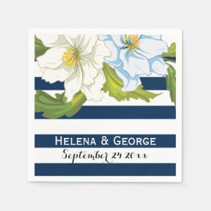 Dark blue stripes & flowers modern floral wedding napkin