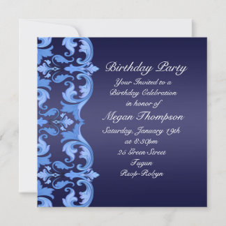 Dark Blue Swirl Damask Birthday Invitation