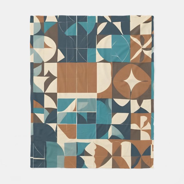 Dark Blue, Teal, Brown, and Tan Geometric Pattern Fleece Blanket (Front)