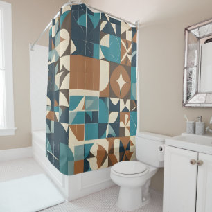 Dark Blue, Teal, Brown, and Tan Geometric Pattern Shower Curtain