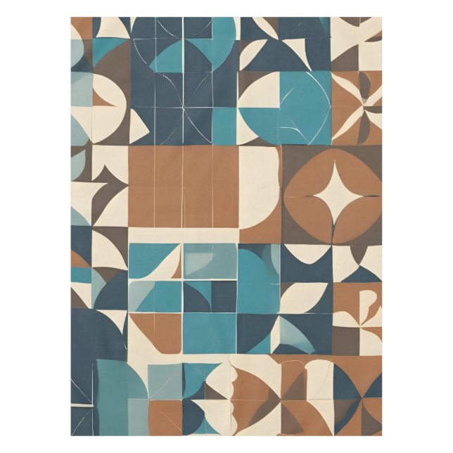 Dark Blue, Teal, Brown, and Tan Geometric Pattern Tablecloth (Front)