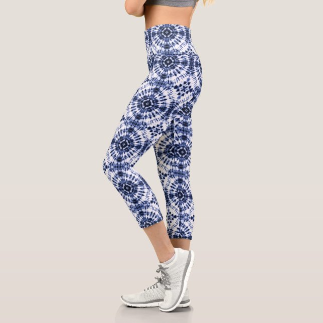 Dark Blue Tie Dye Pattern Capri Leggings (Left)