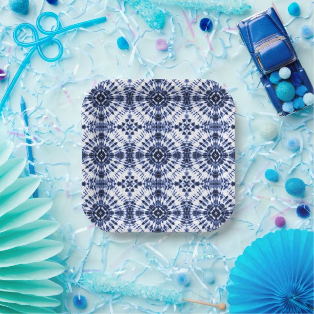 Dark Blue Tie Dye Pattern Paper Plate (Party)