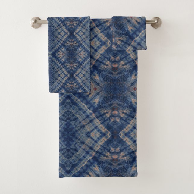 Dark Blue Tie Dye Traditional Pattern Style Bath Towel Set (Insitu)
