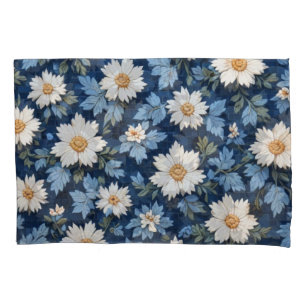 Dark Blue Tile White Floral Pillowcase
