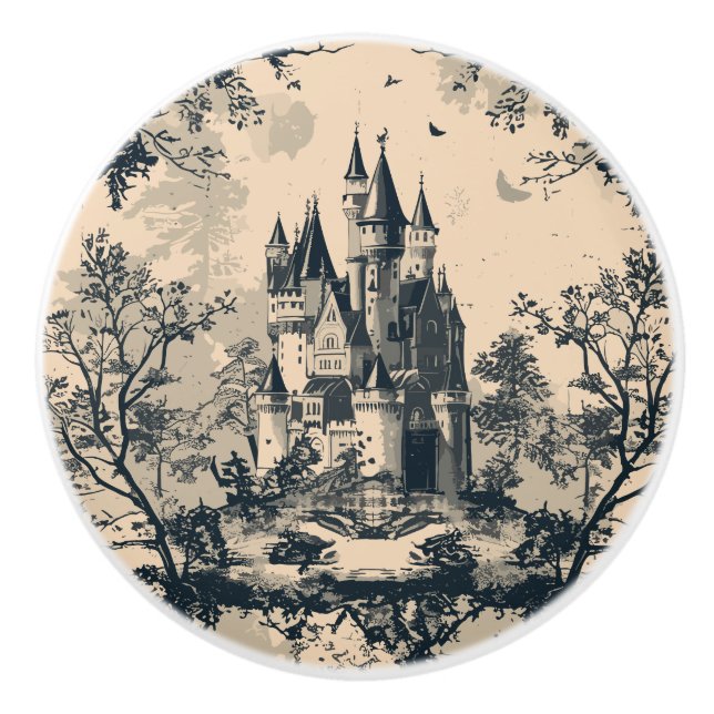 Dark Blue Toile French Castle Ceramic Knob (Front)