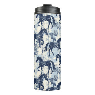 Dark Blue Toile Horses Racing Thermal Tumbler