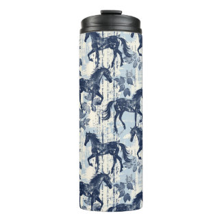 Dark Blue Toile Horses Racing Thermal Tumbler