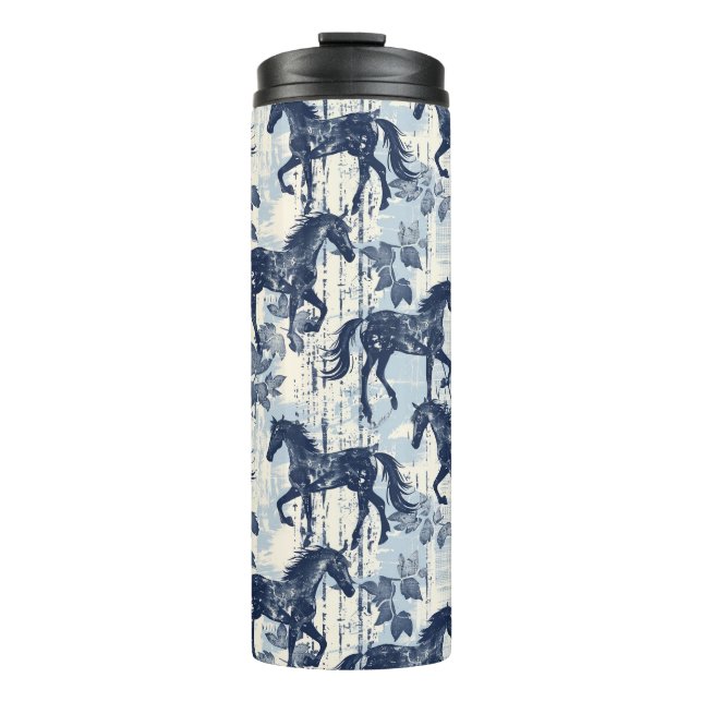 Dark Blue Toile Horses Racing Thermal Tumbler (Front)