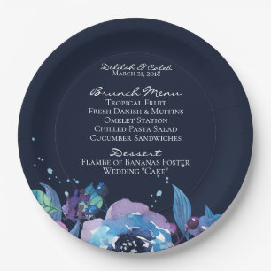 Dark Blue Twilight Floral Watercolor Wedding Paper Plate
