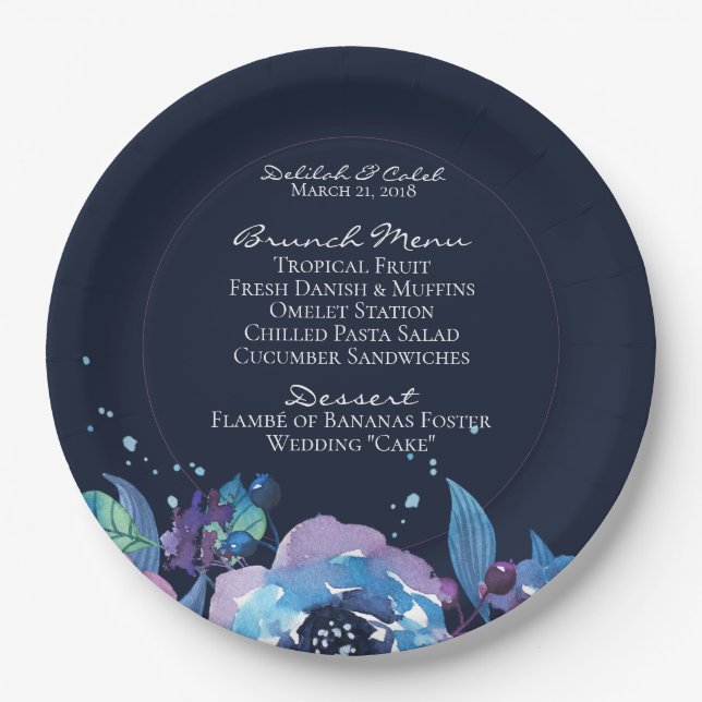 Dark Blue Twilight Floral Watercolor Wedding Paper Plate (Front)