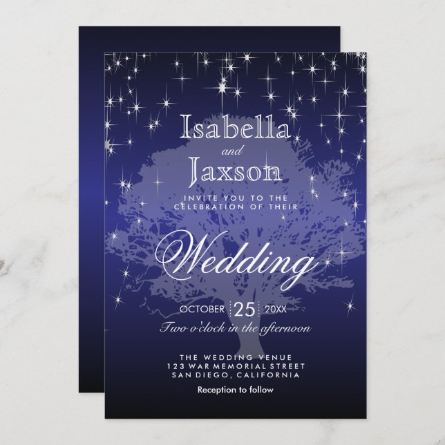Dark Blue Under the Stars Wedding Invitation (Front/Back)
