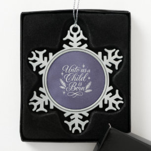 Dark Blue Unto Us a Child is Born Silvery Script Snowflake Pewter Christmas Ornament