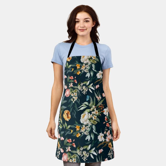 Dark Blue Vintage Style Garden Flower Pattern Apron (Worn)