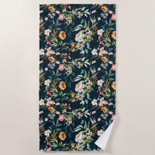 Dark Blue Vintage Style Garden Flower Pattern Beach Towel
