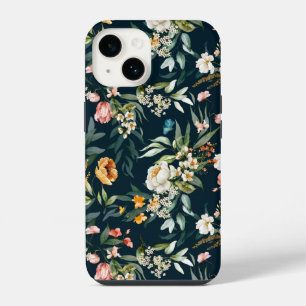 Dark Blue Vintage Style Garden Flower Pattern iPhone 14 Case