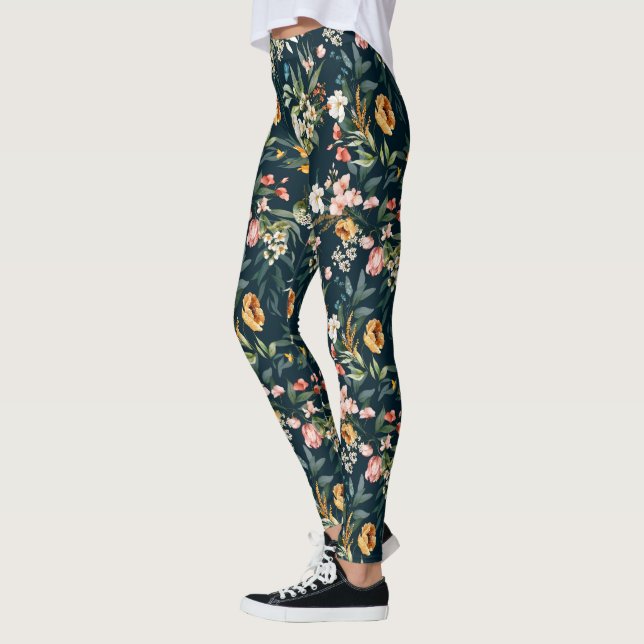 Dark Blue Vintage Style Garden Flower Pattern Leggings (Left)