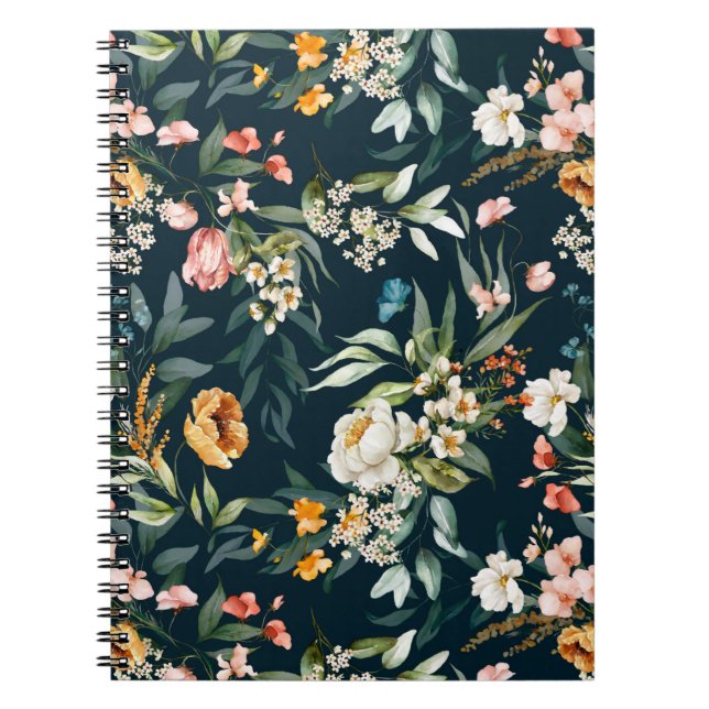 Dark Blue Vintage Style Garden Flower Pattern Notebook (Front)