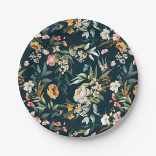 Dark Blue Vintage Style Garden Flower Pattern Paper Plate