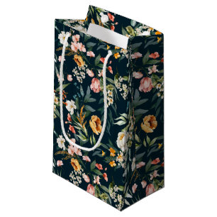 Dark Blue Vintage Style Garden Flower Pattern Small Gift Bag