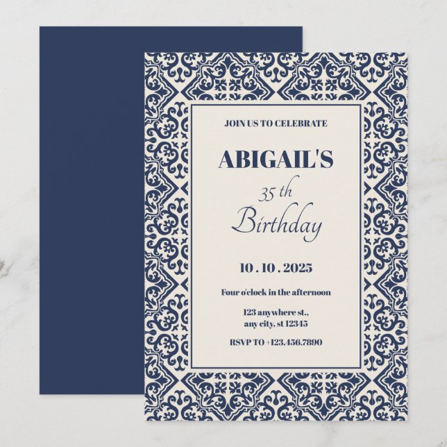 Dark blue vintage tile  invitation (Front/Back)