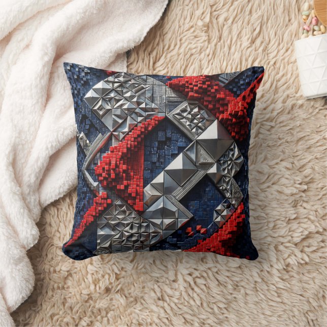 Dark Blue Vivid Red Silver Micro Mosaic 3D  Cushion (Blanket)
